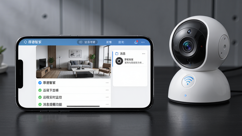 厚德智家远程实时监控与消息提醒功能展示,主体为一部智能手机横屏放置,屏幕显示厚德智家应用的监控画面与消息通知列表,布局为上方视频画面下方通知条目,风格为简洁安防科技风,细节上手机旁边有一个智能摄像头设备,背景为深色桌面,画质锐利,干净,无多余元素