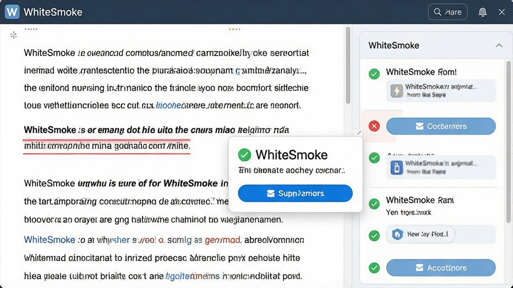 一张展示WhiteSmoke智能语法检查功能的图片,主体为软件界面中一段英文文字被红色下划线标注,旁边弹出修改建议卡片,布局为左右分栏,左侧是文章正文右侧是建议列表,排版整洁有序,风格为扁平化UI设计,细节包含绿色对勾、红色叉号与蓝色建议按钮,画质高清干净,图片中文字标注为