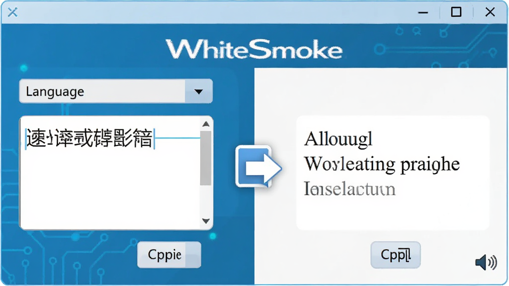 一张展示WhiteSmoke实时翻译功能的图片,主体为软件界面中左侧输入中文右侧输出英文,中间有翻译箭头图标,布局为左右对照,排版简洁,风格为科技蓝配色,细节包含语言选择下拉框、复制按钮与发音图标,画质清晰干净,图片中文字标注为