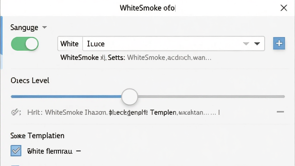 一张展示WhiteSmoke新手设置界面的图片,主体为软件设置面板,包含语言选择、检查级别滑块、场景模板勾选项,布局为纵向列表,排版清晰,风格为浅色极简设计,细节包含开关按钮、下拉菜单与说明文字,画质清晰干净,图片中文字标注为