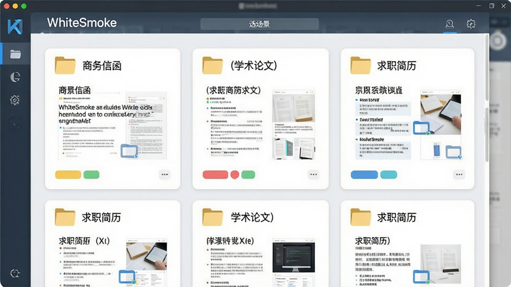 一张展示WhiteSmoke多场景写作模板的图片,主体为软件模板选择界面,屏幕上排列着多个文档卡片分别标注商务信函、学术论文、求职简历等,布局为网格状排列,排版整齐,风格为现代扁平化设计,细节包含文件夹图标、彩色标签与预览缩略图,画质清晰干净,图片中文字标注为