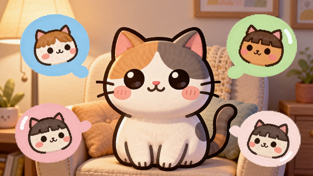 一只可爱的卡通猫坐在沙发上 周围环绕着不同表情的角色头像气泡 主体居中 背景是温馨的室内场景 风格温暖治愈 细节包括柔和的灯光 彩色对话气泡 画质高清 干净 无多余元素