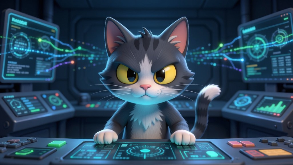 一只卡通猫站在科技感十足的控制台前 主体位于画面中央 布局对称 风格偏未来科技 细节包括发光的屏幕 数据流动线条 猫的表情专注 画质高清 干净 无多余元素