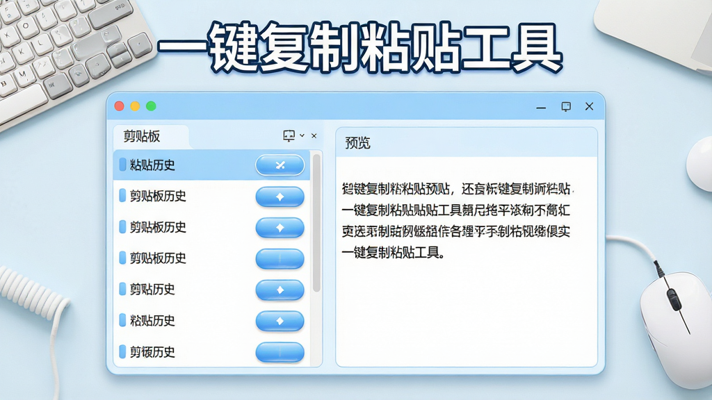 软件主界面居中展示,左侧为剪贴板历史列表,右侧为文本预览区域,顶部有醒目的