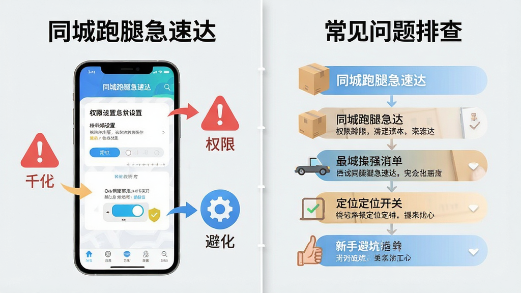 画面主体为同城跑腿急速达的新手操作指引图,手机屏幕显示权限设置页面与定位开关,旁边有红色警示图标和蓝色优化图标;画面分为左右两部分,左侧为移动端设置步骤,右侧为常见问题排查清单;背景为浅灰色,风格为扁平化信息图,细节包括图标颜色、文字框和箭头指引;画质清晰干净,无多余元素,图片中文字为“同城跑腿急速达”和“新手避坑”。