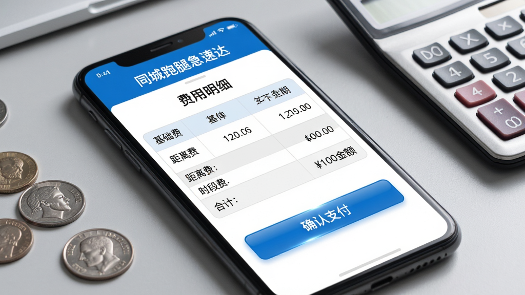 画面主体为同城跑腿急速达的费用明细页面,手机屏幕显示订单价格构成表格,包含基础费、距离费、时段费和合计金额;表格下方有“确认支付”按钮;手机放置在浅灰色桌面上,旁边有几枚硬币和一个计算器;风格为简洁商务风,细节包括表格线条、数字字体和按钮高光;画质清晰干净,无多余元素,图片中文字为“同城跑腿急速达”和“费用明细”。