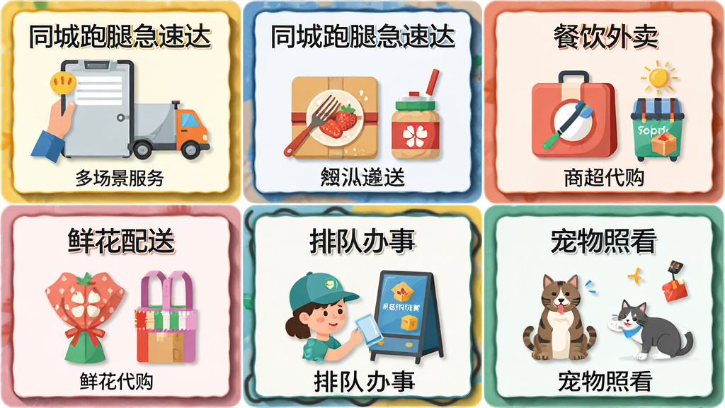 画面主体为同城跑腿急速达的多场景服务展示图,画面分为多个小方格,分别展示文件递送、餐饮外卖、商超代购、鲜花配送、排队办事和宠物照看六个场景;每个方格内有一个简笔图标和对应物品;整体布局为两行三列网格;风格为扁平化彩色插画,细节包括图标颜色、场景元素和边框阴影;画质清晰干净,无多余元素,图片中文字为“同城跑腿急速达”和“多场景服务”。