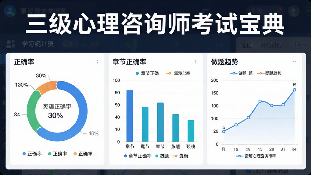 一张展示“三级心理咨询师考试宝典”学习统计页面的预览图,画面中央为数据仪表盘,包含正确率环形图、章节正确率柱状图、做题趋势折线图,风格为现代数据可视化界面,细节包括数字标签、图例说明,画质清晰干净,无多余元素
