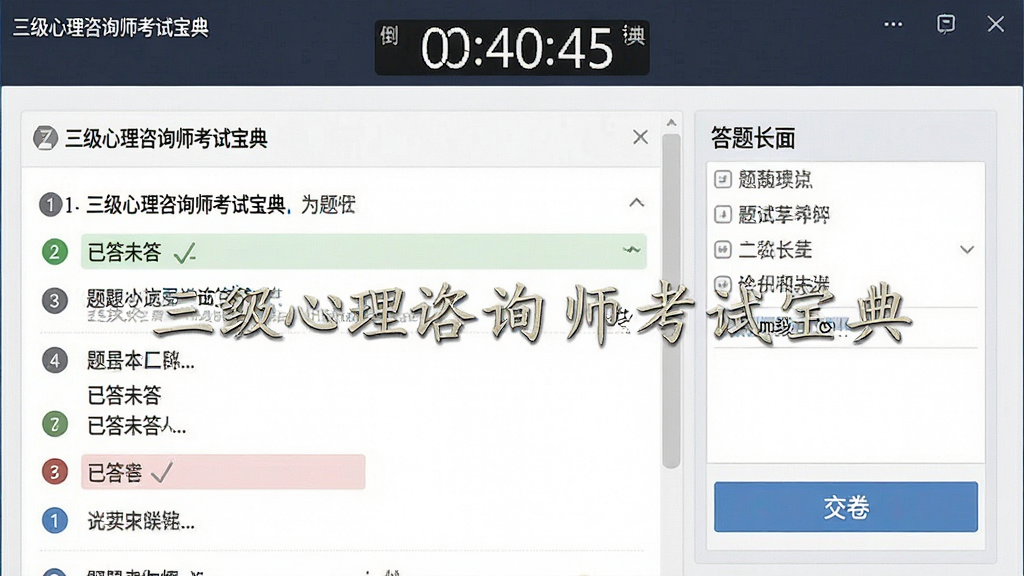 一张展示“三级心理咨询师考试宝典”模拟考试界面的预览图,画面主体为答题窗口,顶部显示倒计时,左侧为题目区域,右侧为答题卡与交卷按钮,风格为严肃考试系统界面,细节包括题号标记、已答未答颜色区分,画质清晰干净,无多余元素