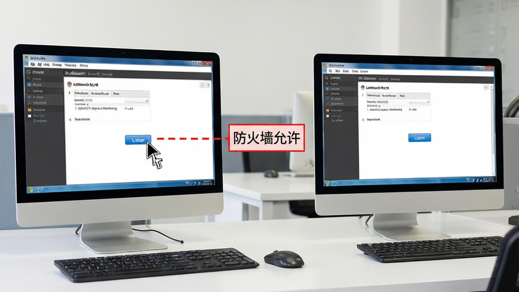 一张操作示意图,画面左侧是一台显示LANBench服务端界面的电脑,右侧是一台显示客户端界面的电脑,中间用红色虚线标注“防火墙允许”的提示框,背景是简洁的办公桌面,风格为写实教程风,细节包括鼠标指针指向“Listen”按钮,画质清晰,无多余元素