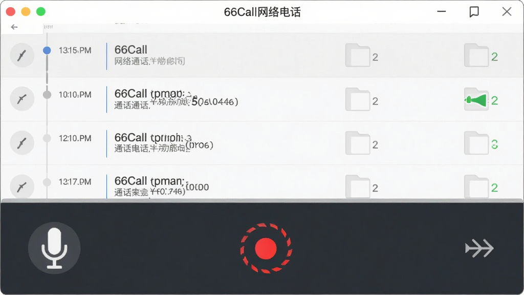 һ�ű���66Call����绰ͨ����¼��¼�����ܵ���ͼ������Ϊ��������չʾͨ����¼�б���¼����ť������Ϊ���½ṹ���Ű�������ʾʱ�������ļ�ͼ�꣬���Ϊ�����Լ�磬ϸ�ڰ�����˷�ͼ�����ɫ¼��Բ�㣬�����������ɾ����޶���Ԫ��