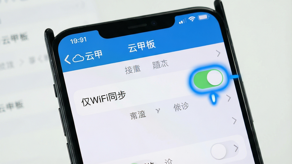 手机屏幕显示“云甲板”设置页面,其中“仅WiFi同步”开关处于开启状态,旁边有蓝色高亮标注,背景是浅色列表界面,风格清爽,细节清晰,画质干净,无多余元素
