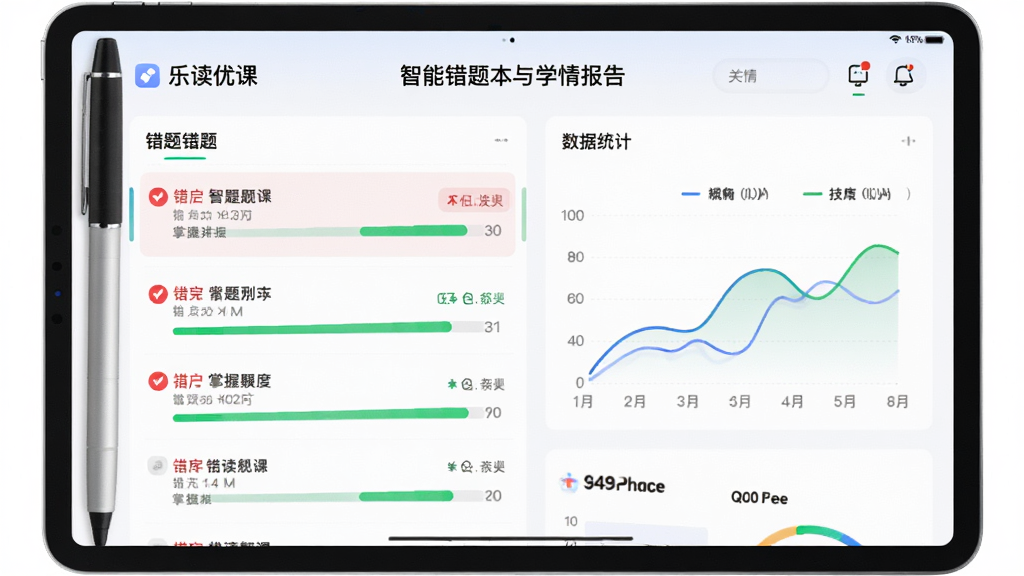 乐读优课智能错题本与学情报告界面,主体为平板屏幕展示错题列表与数据图表,布局上下结构,排版清晰,风格简洁数据风,细节包含红色错题标记、绿色掌握度进度条、折线统计图,画质高清,干净,无多余元素