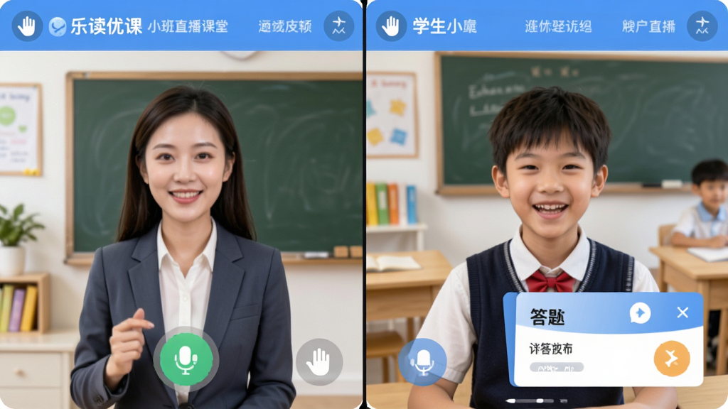 乐读优课小班直播课堂界面,主体为教师端与学生端分屏互动场景,布局左右分栏,排版清晰,风格活泼教育风,细节包含举手图标、连麦按钮、答题卡面板,画质高清,干净,无多余元素