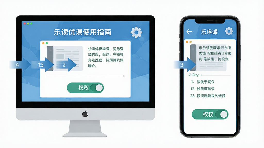 乐读优课使用指南图解,主体为电脑屏幕与手机屏幕并列展示操作步骤,布局左右对比,排版清晰,风格扁平化教育风,细节包含步骤编号箭头、设置齿轮图标、权限开关按钮,画质高清,干净,无多余元素
