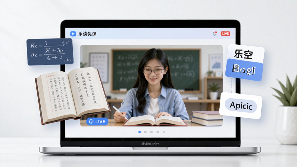 乐读优课在线学习平台主界面,主体为打开的笔记本电脑屏幕显示课程直播画面,布局居中,排版简洁,风格现代教育科技感,细节包含数学公式、语文课本、英语单词卡片悬浮元素,画质高清,干净,无多余元素