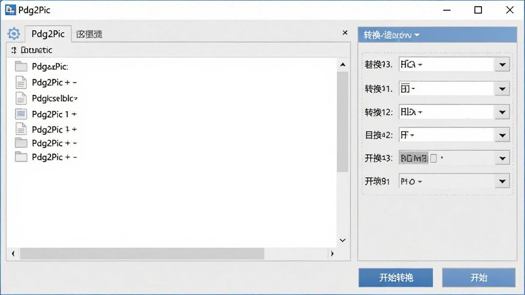 一张简洁的软件界面展示图,画面中央是Pdg2Pic软件主窗口,左侧显示文件列表区域,右侧为转换参数设置面板,底部有开始转换按钮。整体布局清晰,采用浅灰色与蓝色搭配的商务风格,界面干净无多余元素,画质清晰,文字标注“Pdg2Pic”位于窗口标题栏位置。