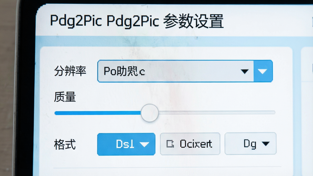 一张展示图片参数调节面板的特写图,画面中可见分辨率下拉菜单、质量滑块、格式选择按钮等控件,界面风格简洁现代,以白色和浅蓝色为主,控件布局合理,画质清晰,面板上方标注“Pdg2Pic 参数设置”字样。