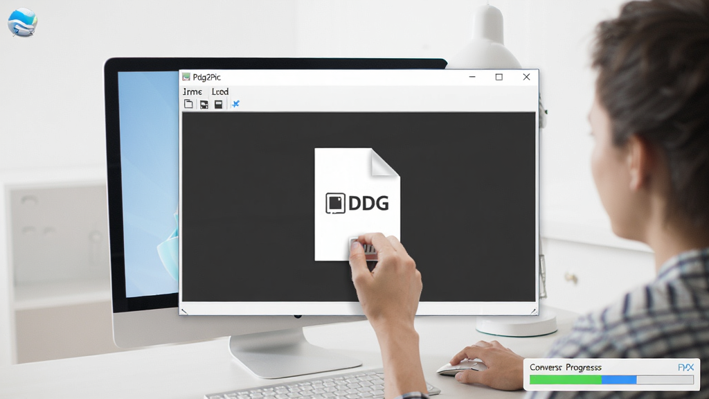 一张电脑桌面操作场景图,画面中显示用户正在将PDG文件拖拽到Pdg2Pic软件窗口中,桌面背景简洁,软件界面清晰可见,屏幕右下角有转换进度条显示,整体风格写实,画质干净明亮。