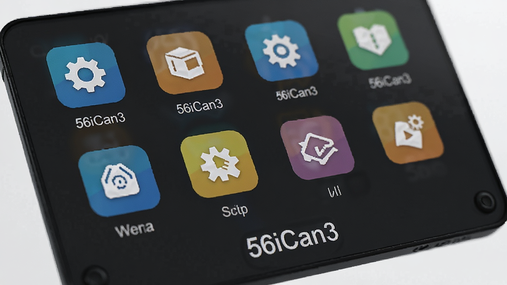 56iCan3快捷操作面板特写,面板上排列多个功能图标按钮,图标下方标注“56iCan3”名称,背景为深色半透明效果,图标色彩鲜明,布局整齐,画质细腻无噪点