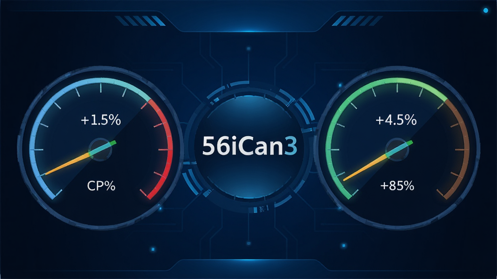 56iCan3系统资源监控仪表盘,圆形仪表显示CPU和内存占用百分比,中央有“56iCan3”标识,界面风格科技感强,深蓝色背景配亮色指针,数据清晰可读,画质干净