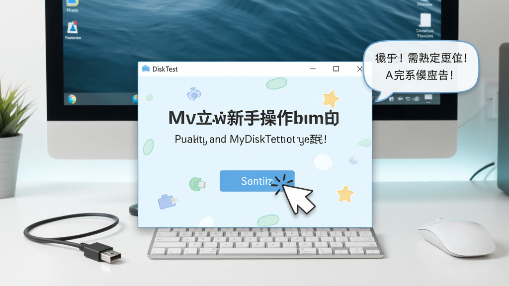 MyDiskTest新手操作场景图:主体为电脑桌面,布局上软件窗口位于中央,排版为教程风格,风格为清新浅色,细节包括鼠标点击按钮、U盘连接线、提示文字气泡,画质清晰,干净,无多余元素