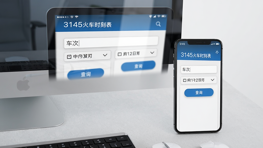 一张横向构图的应用界面展示图,画面主体为电脑屏幕与手机屏幕并排摆放,屏幕中均显示“3145火车时刻表”的查询界面,界面上有车次输入框、日期选择器与查询按钮,背景为浅灰色办公桌面,风格为写实科技风,细节包括屏幕反光、键盘一角、桌面纹理,画质清晰,干净,无多余元素