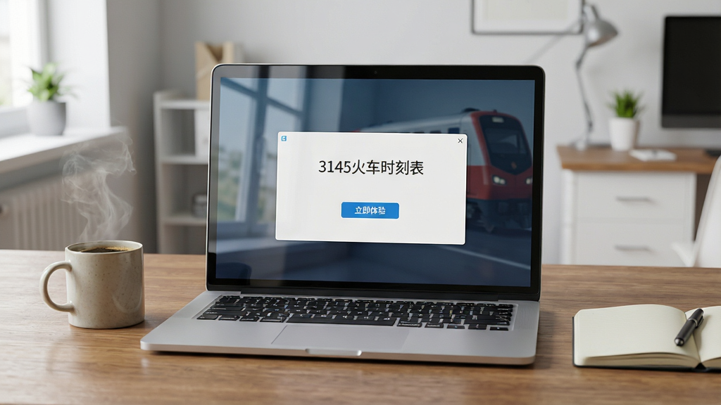 一张写实风格的电脑桌面场景图,画面中央是一台打开的笔记本电脑,屏幕上显示“3145火车时刻表”的安装完成界面,界面中有“立即体验”按钮,电脑旁边放着一杯咖啡和一本笔记本,背景为简洁的居家办公环境,风格为生活写实风,细节包括屏幕反光、咖啡热气、桌面木纹,画质高清,干净,无多余元素
