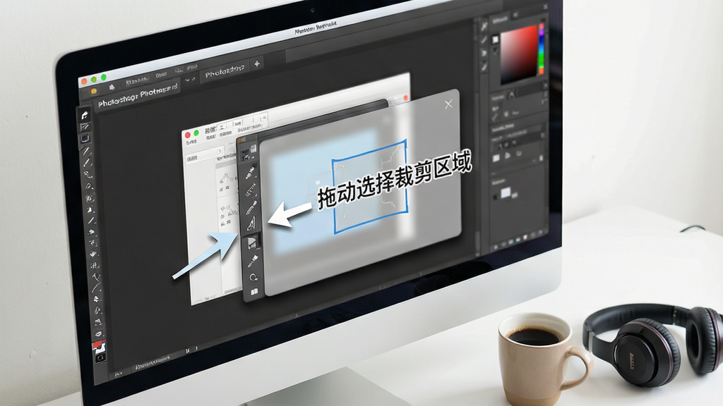 一张展示Photoshop快速入门新手引导模式的截图风格图片,画面主体是一个电脑屏幕,屏幕上显示着Photoshop快速入门的界面,界面中央有一个半透明的引导浮层,浮层上用箭头指向工具栏中的“裁剪工具”并配有中文说明文字“拖动选择裁剪区域”,屏幕旁边放着一杯咖啡和一副耳机,布局为斜侧视角,风格清新简约,细节包括浮层阴影和界面高光,画质清晰,干净,无多余元素