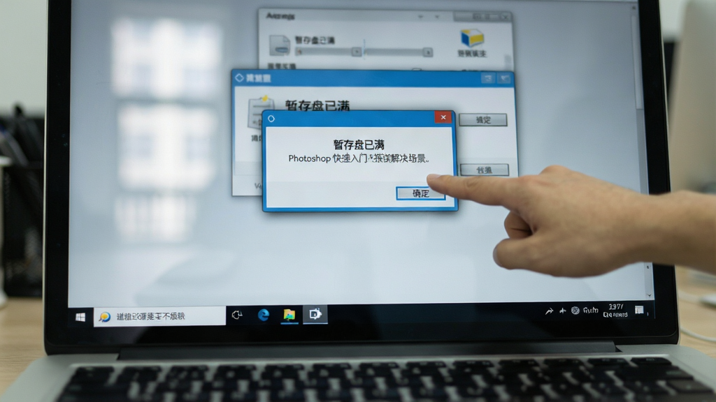 一张展示Photoshop快速入门报错解决场景的图片,画面主体是一台笔记本电脑屏幕,屏幕上显示着一个错误提示弹窗,弹窗标题写着“暂存盘已满”,旁边有一个手指正指向弹窗上的“确定”按钮,屏幕下方任务栏显示着磁盘清理工具的图标,布局为正面视角,风格为真实办公场景,细节包括屏幕反光和键盘的模糊虚化,画质清晰,干净,无多余元素