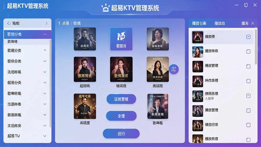 һ��չʾ����KTV����ϵͳ�������ͼƬ������������������������棬�����ʾ�������࣬�Ҳ��ǲ����б��������г���Logo���������ִ���࣬����ɫ���������������Ű����룬���Ϊ���������ͼģ�⣬ϸ�ڰ����������桢��ťͼ�ꡢ���ֱ�ǩ������KTV����ϵͳ�������ʸ��壬�ɾ��޶���Ԫ��