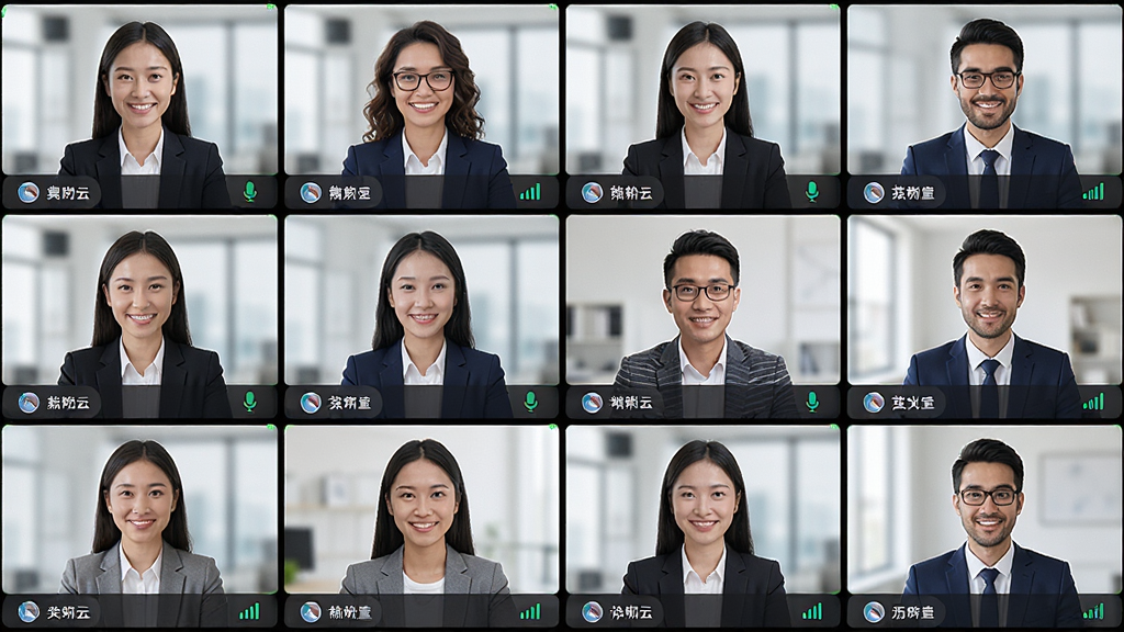 一张展示全时云会议高清视频会议功能的画面,主体为多个参会者视频窗口呈网格状排列,布局均衡,排版清晰,风格为商务科技风,细节包括每个人物头像下方的姓名标签、麦克风状态图标、网络信号标识,画质高清干净,无多余元素