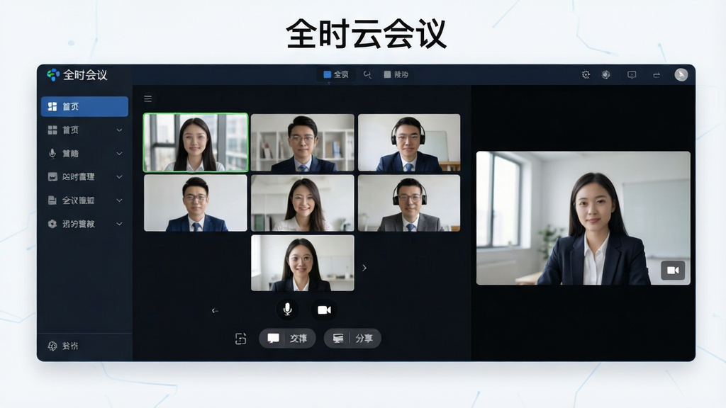 一张展示全时云会议软件界面的整体全貌图,画面中央是软件主界面,左侧为功能导航栏,右侧为会议预览窗口,顶部有“全时云会议”文字标识,整体布局简洁商务,风格为现代科技感,细节包括视频参会者头像框、麦克风与摄像头图标、屏幕共享按钮,画质清晰干净,无多余元素