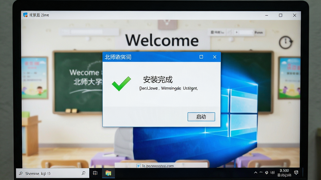 ��ͼ��ʾ�ʣ���������ΪСѧͬ�����ñ�ʦ�����Windows�����ϵİ�װ��ɽ��棬��Ļ������ʾ����װ��ɡ���ʾ���������ť������Ϊ������ӭҳ������Ϊ���ж��룬�Ű��࣬���Ϊ��׼��Windows��װ�򵼽��棬ϸ�ڰ�����ɫ�Թ�ͼ�ꡢ�����İ�ť���֣����ʸ��壬����ɾ����޶���Ԫ��