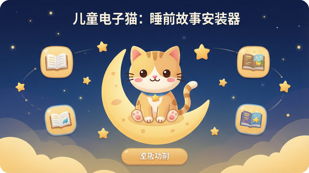 儿童电子猫:睡前故事安装器软件主界面展示,主体为一只可爱的卡通电子猫坐在月亮上,周围环绕着星星和故事书图标,布局采用中心对称式构图,排版清晰展示软件名称“儿童电子猫:睡前故事安装器”及核心功能按钮,风格为温馨治愈的扁平化插画风,细节包含柔和的渐变夜空背景、圆润的图标边角、温暖的黄色与深蓝色调搭配,画质高清,画面干净,无多余元素