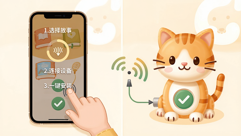 儿童电子猫:睡前故事安装器新手操作示意图,主体为一部智能手机与一只电子猫玩偶通过无线信号连接,布局采用左右分栏左侧为手机屏幕显示安装步骤右侧为电子猫设备,排版清晰展示“1.选择故事”“2.连接设备”“3.一键安装”的文字引导,风格为简洁直观的教程插画,细节包含手指点击屏幕的动作、进度环、对勾图标、温暖的橙黄色调,画质高清,画面干净,无多余元素