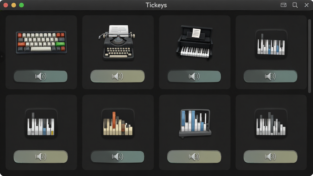 一张展示 Tickeys 音效选择面板的图片,主体为软件界面中的音效列表,布局采用网格排列,排版整齐,风格为深色主题搭配高亮图标,细节包括机械键盘、打字机、钢琴等音效图标和试听按钮,画质高清,干净无多余元素。