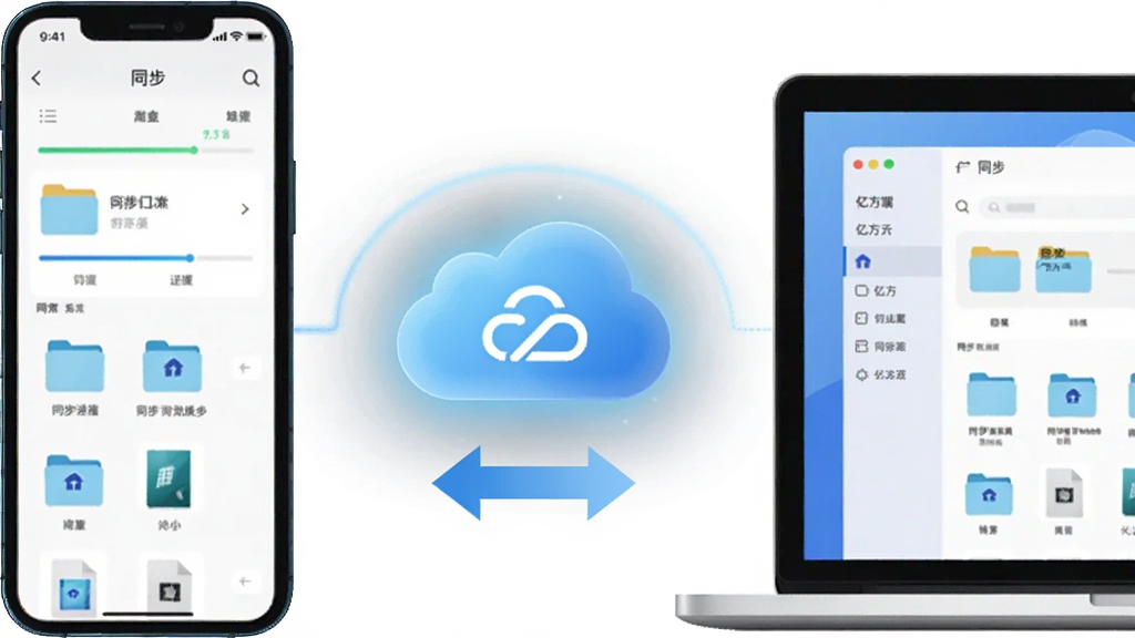 一张表现亿方云多端同步的示意图,画面左侧为智能手机,右侧为笔记本电脑,中间由发光的云朵图标连接,云朵下方有双向箭头表示同步,屏幕中显示相同的文件夹界面,布局左右对称,风格扁平化科技风,细节包含同步进度条与文件缩略图,画质清晰,干净无杂乱背景