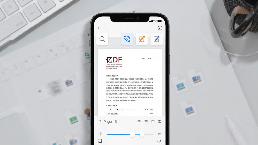 一张展示亿方云在线预览功能的图片,画面中央是一部手机屏幕,屏幕中显示一份PDF文档的预览界面,文档上方有放大镜与批注图标,背景为浅灰色工作台,布局采用居中特写构图,风格现代简约,细节包含页码、缩放滑块与格式图标,画质细腻,画面干净