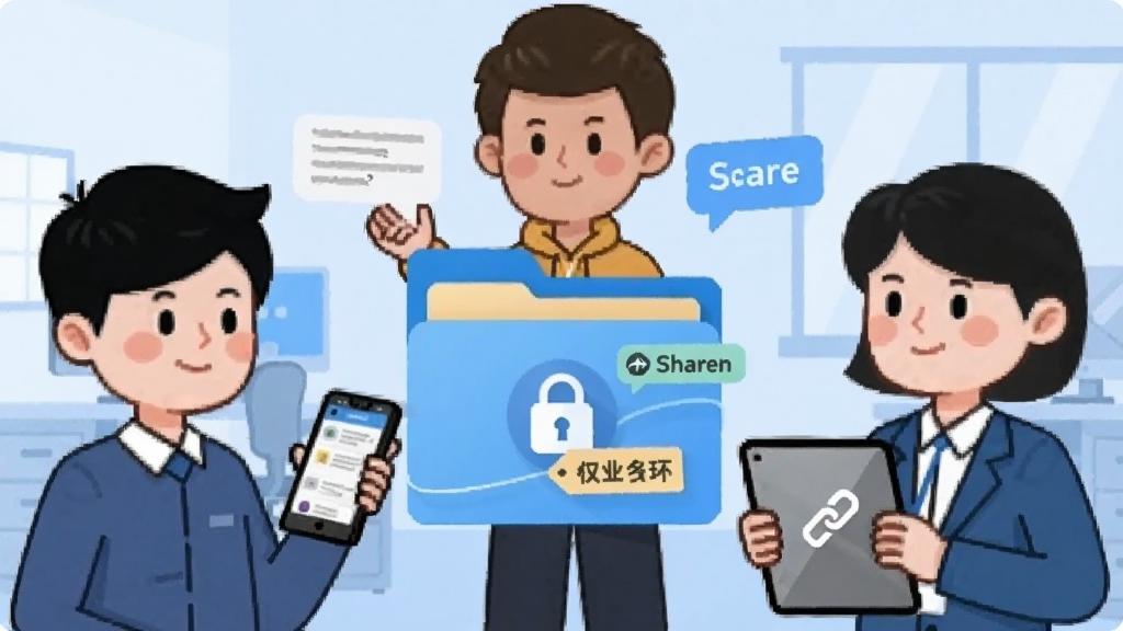 一张表现亿方云团队协作场景的图片,画面中有三个卡通人物围绕一个云端文件夹,文件夹上显示锁形图标与权限标签,人物分别手持手机与平板,背景为浅蓝色办公室,布局采用三角形构图,风格商务插画,细节包含评论气泡与分享链接图标,画质高清,无多余装饰