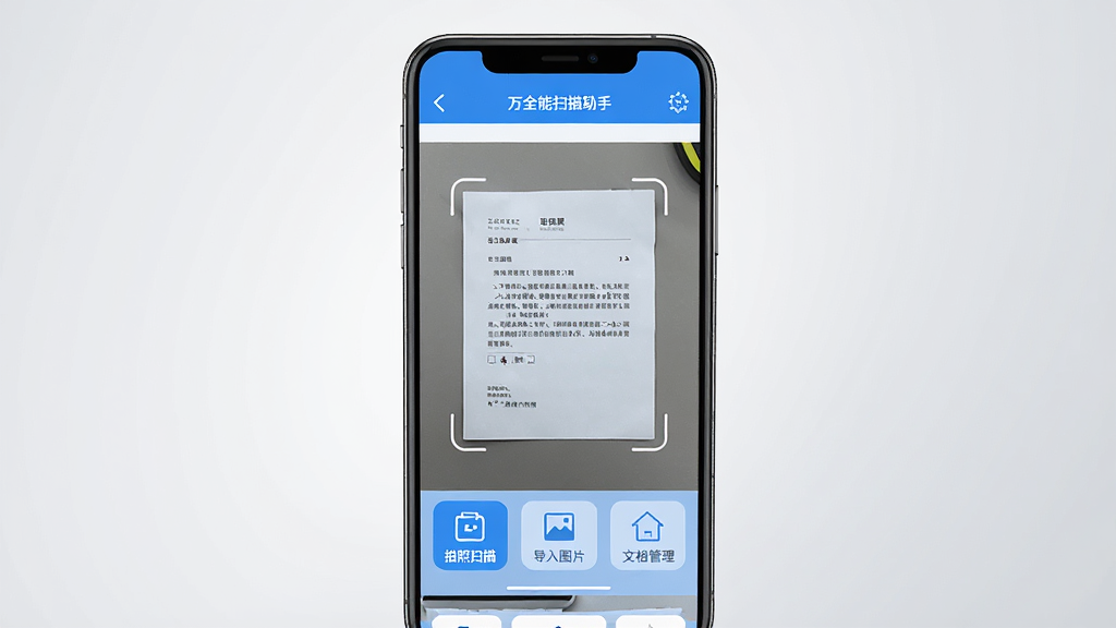 万全能扫描助手软件主界面展示,手机屏幕中央显示扫描文档预览画面,界面包含拍照扫描、导入图片、文档管理等功能按钮,整体采用简洁清爽的蓝白配色风格,背景为浅灰色渐变,画面干净整洁,高清画质,无多余元素