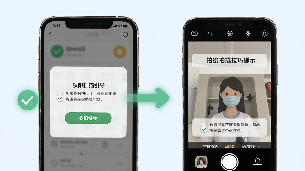 万全能扫描助手新手操作示意图,手机屏幕显示权限开启引导页面和拍摄技巧提示,画面中有对勾图标和箭头指示,背景为简洁的浅色界面,风格友好易懂,高清画质,干净无多余元素