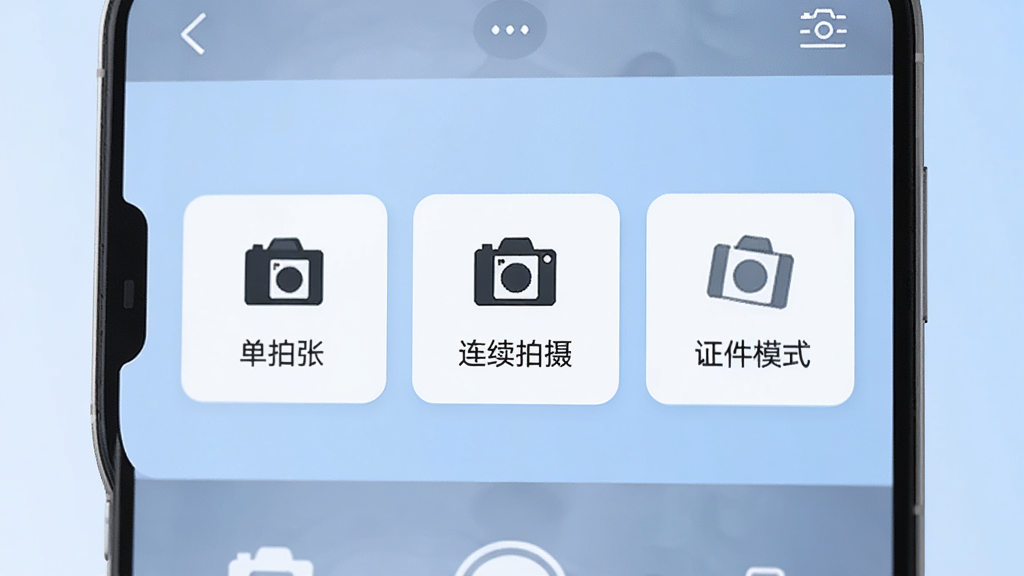 万全能扫描助手多模式拍摄界面,手机屏幕上展示单张拍摄、连续拍摄、证件模式等选项按钮,背景为浅蓝色渐变,界面排版整齐,图标清晰,风格简约商务,高清画质,干净无多余元素