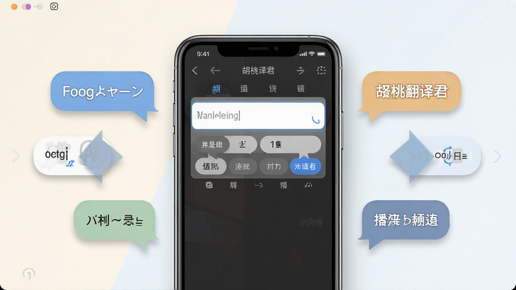 胡桃翻译君软件主界面展示,画面中央放置手机模型,屏幕内呈现翻译输入框与多语言切换按钮,周围环绕中英日韩文字气泡与翻译箭头图标,布局简洁对称,风格为清新扁平化设计,细节包含柔和阴影与浅色背景,画质清晰干净,无多余元素