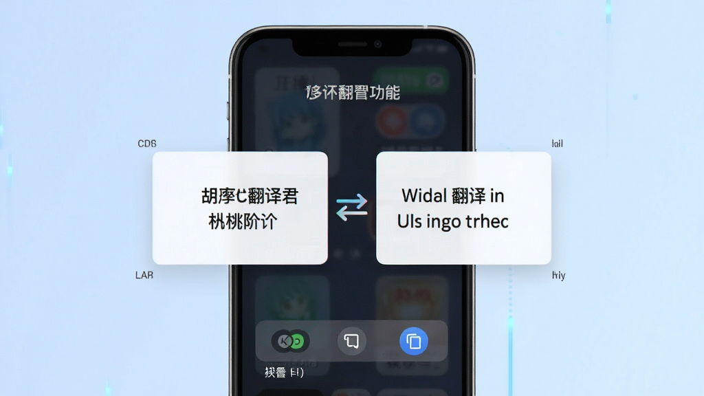 胡桃翻译君多语种翻译功能展示,画面主体为手机屏幕内中文与英文对照的翻译卡片,左侧中文右侧英文,中间以双向箭头连接,背景为浅蓝色渐变,布局居中排版,风格为现代简约科技感,细节包含语言标签与复制按钮,画质清晰干净,无多余元素