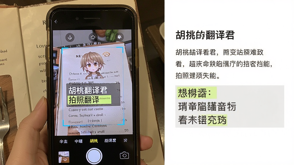 胡桃翻译君拍照翻译功能展示,画面主体为手机摄像头对准一份英文菜单,屏幕内显示识别框与中文翻译结果,布局为左图右文排版,风格为生活化写实风,细节包含菜单纹理与翻译高亮标记,画质清晰干净,无多余元素