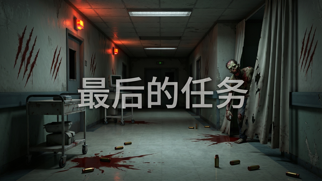 画面展示一个废弃医院走廊的横版场景,地面散落着医疗推车与血迹,墙壁上有爪痕,远处一只僵尸正从拐角处探出半个身子,画面中央用半透明字体写着“最后的任务”,风格为暗黑写实生存游戏原画,细节包括闪烁的应急灯、飘动的破布帘、地上的弹壳,画质清晰,干净,无多余元素