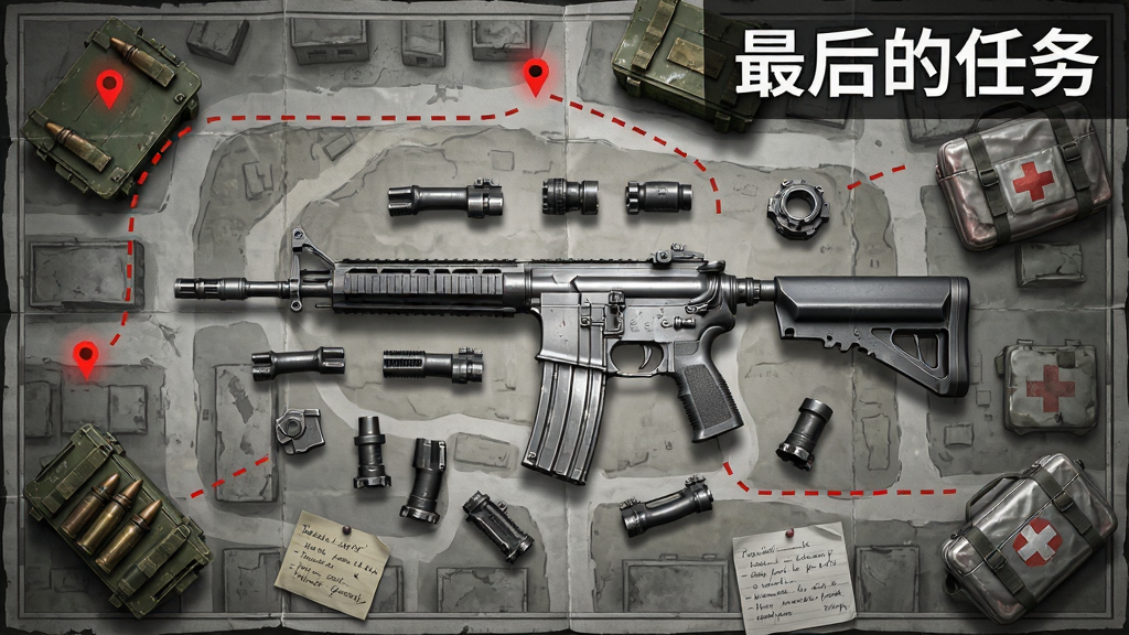 画面以俯视角度展示一张末日城市地图,地图上有多个红色标记点与虚线路径,中央放置一把拆解状态的突击步枪与各种配件,周围散落着弹药箱与医疗包,画面右上角用白色字体标注“最后的任务”,风格为战术生存游戏UI界面,细节包括地图折痕、枪械金属反光、手写笔记,画质清晰,干净,无多余元素