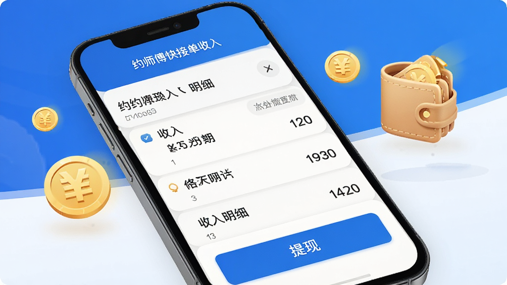 约师傅快接单收入明细页面展示,手机屏幕显示收入列表和提现按钮,数字清晰可见,背景有金币和钱包图标点缀,商务简约风格,蓝白配色,高清画质,画面干净