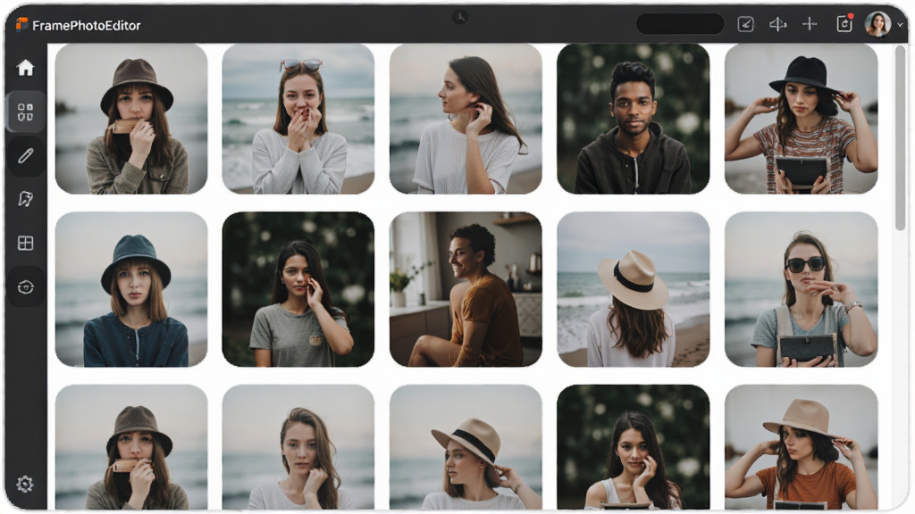 FramePhotoEditor拼图功能展示图,画面主体是软件界面中的拼图编辑区域,布局为网格状多张照片拼合在一起,排版错落有致,风格现代简洁,细节包括拼图边框的圆角和照片之间的白色间隔,画质清晰,干净,无多余元素